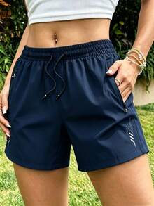 Bestseller Damen Sportshorts mit Taschen und Kordelzugbund: Schnelltrocknend, elastisch, atmungsaktiv, geeignet für Freizeitlauf und Fitnesskleidung - marineblau - Übersicht 8