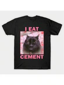 Funny T-Shirt With Black Cat Print And The Phrase "I Eat Cement" - Crew Neck, Short Sleeve, Pink Lettering And Cement Mixer Design, Gift For Valentine's Day/Christmas/'s Day, Comfortable Fit For All Seasons, Dark Humor T-Shirt, Funny T-Shirt, Printed T-Shirt - 黑色 - 查看 6