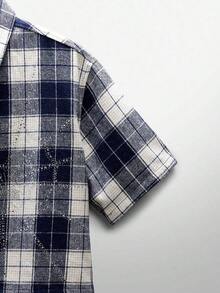 Men's Street Style Crystal Spider Web Plaid Short Sleeve Woven Shirt - Màu xanh lam - Xem 5