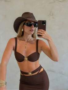 Set de 3 bikinis de estilo europeo sexy para mujer, para vacaciones de verano en la playa, color blanco - Café integral - Ver 4