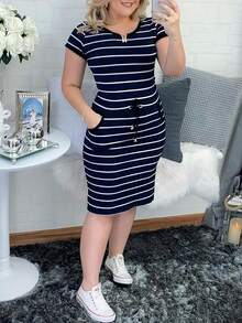 Vestido camisero casual de mujer con rayas, manga corta, cintura con cordón y bolsillos, elegante para el verano - Azul marino - Ver 4
