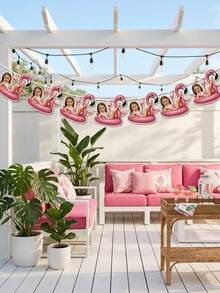 7/14/21pc Custom Photo Flamingo Pool Float Party Banner, Personalized Tropical Summer Face Garland, Custom Flamingo Bunting, Beach/Pool Birthday Decor, Unique Flamingo Float Themed Party Banner, Customizable Summer Pool Party Decoration - Multicolor - View 5