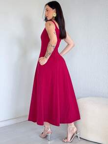 Long, Flared Dress, 100% Cotton, With Pocket And Slit. - 紅木色 - 查看 2