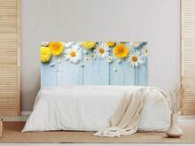 Tête de lit Oedim bleu aspect bois avec marguerites, en PVC de 5 mm d'épaisseur avec impression numérique | Plusieurs tailles disponibles | Tête de lit originale et abordable - Multicolore - Voir 2