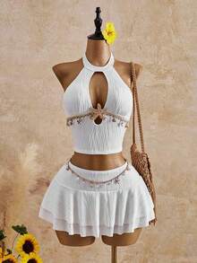 Nuevo conjunto de bikini de 3 piezas de unicolor con parte superior de atar al cuello, cadena con concha y estilo casual para vacaciones - Blanco - Ver 6