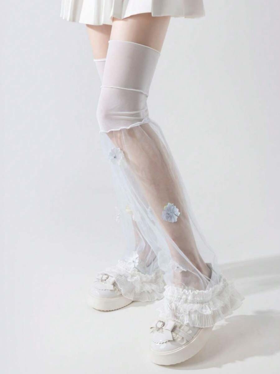 1 đôi tất ống loe ren hoa, họa tiết hoa 3D ngọt ngào, thích hợp cho mùa xuân/hè, có các màu hồng/đen/xanh dương/trắng. - Nhiều màu - Xem 1