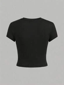 1 pieza Camiseta de mujer de manga corta y cuello redondo ajustada para el verano, con estampado gráfico de la cultura de los automóviles japoneses, camisa corta estilo Y2K,(1 Camiseta only) - Negro - Ver 6