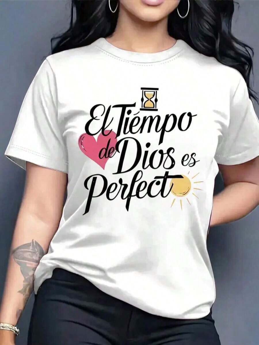 Playera camiseta gráfica dama mujer manga corta cuello redondo básica cómoda fresca ligera moderna juvenil casual estampado frase religiosa tiempo de dios es perfecto letras cristiana corazón - Blanco - Ver 1