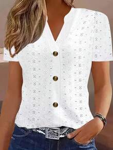 Tops Y2k, blusa informal de verano para mujer, Tops de manga corta con botones y cuello en V, blusas elegantes a la moda, camisas informales holgadas de colores sólidos - XF7780 Caqui - Ver 2
