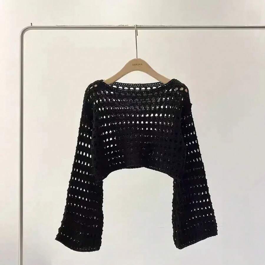 Verano 2026 Bikini de playa cubrir Jersey corto de manga larga de punto de ganchillo Top de punto de lana blusa mujer vacaciones traje bohemio - Negro - Ver 1