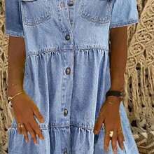 Vestidos Retro para mujer, vestido largo holgado de mezclilla con botones y bolsillos con cuello vuelto de manga corta, vestido largo de verano 2022 - azul claro - Ver 2