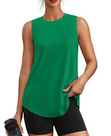 PINSPARK Workout Tops For Women Sleeveless Athletic Tank Tops UPF 50+ Running Tanks With Side Slits Loose Fit Gym Yoga Shirt - Green - View 8