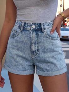 Shorts vaqueros de tiro alto lavados y remangados, de estilo minimalista y versátil, para mujer, de uso casual en verano - Lavado ligero 2 - Ver 5