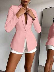 Plain Color Long Sleeve Lapel Minimalist Design Solid Color Blazer Blazer Women Baby Blue Blazer Women's Suits Light Blue Blazer Women's Blazer Blue Blazer For Women Tailored Suits For Women Blazer For Women Casual Office Outfits For Women Blazer Suit For Women - 粉色 - 查看 3