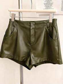 Pantalones cortos plisados de unicolor de piel de PU para mujer, estilo casual y de oficina - Verde militar - Ver 4