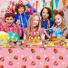 2 Pcs Pink Berry Disposable Plastic Tablecloth Strawberry-Themed Fruit Design For Birthday Party Decorations Tablescape Favors 108 X 54 Inch Waterproof Wrinkle-Resistant - Strawberry - View 2