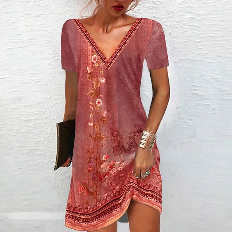 Vestido corto bohemio de verano para mujer, minivestido de manga corta con cuello en V, estampado Vintage de flores, holgado, elegante, para vacaciones en la playa - 03 - Ver 1
