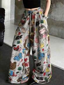 Pantalones anchos de mujer con estampado de dibujos animados, pantalones casuales sueltos de primavera - Gris - Ver 12