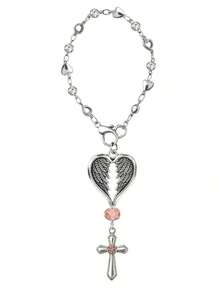Guardian Heart Wing Cross Charm - Car/Steering Wheel/Handbag Pendant Silver Tone With Pink Crystal Elegant Decor For Auto Interior & Bag Accessory - A - View 8