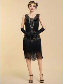 1920s European Vintage Style Sequin Fringe Sleeveless Dress Wedding Party - Gold - View 9