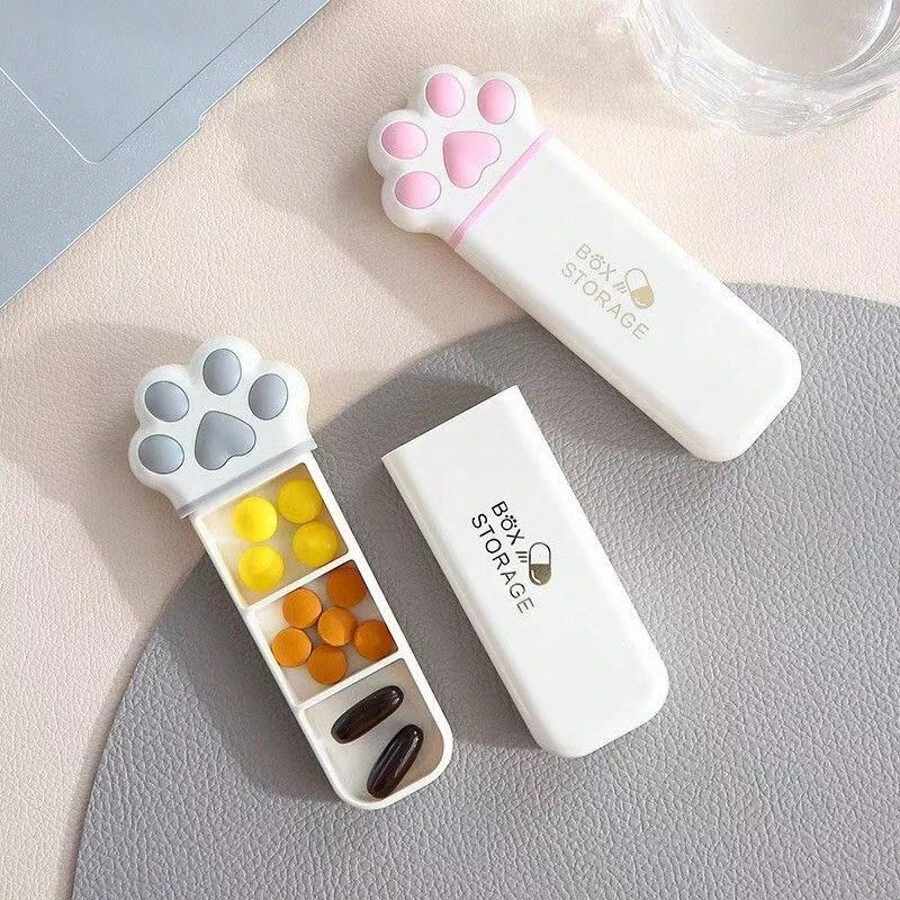 可爱猫爪药盒,三格便携式药盒,防潮密封旅行药盒,用于日常药物储存,多功能小型珠宝耳环收纳盒 - 彩色 - 查看 1
