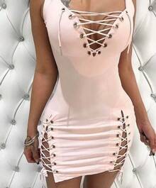 Vestidos para mujer 2025 nuevo verano Color sólido escote en V profundo Sexy ajustado ojal con cordones sin mangas Casual Mini vestido diario - Rosa - Ver 6