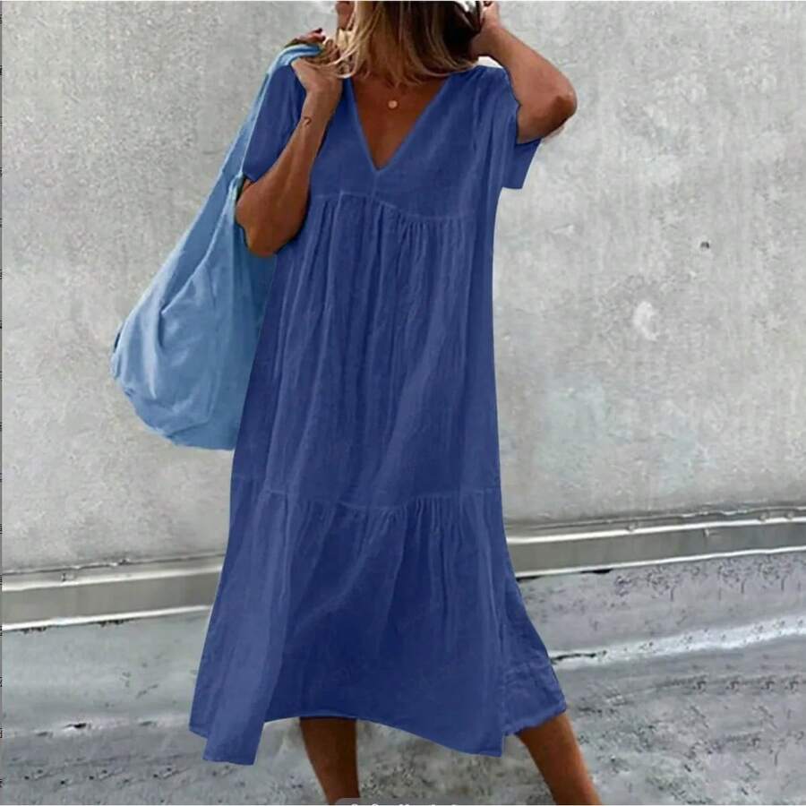2025 nueva falda larga de mujer de algodón de lino de manga corta cuello redondo suelto Color sólido moda Simple vestido rosa de vacaciones - azul real - Ver 1