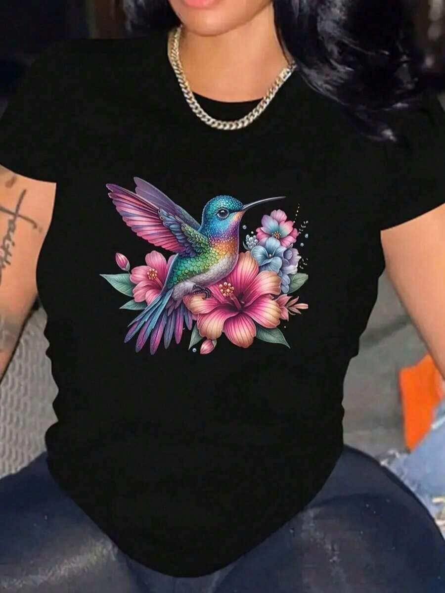 Women's Short-Sleeved T-Shirt With A Round Neck, Loose Fit, Casual And Versatile. Featuring A Modern, Elegant And Sophisticated Print Of Simple Letters, Ideal As A Basic Garment; Made From Soft Fabric With Excellent Drape - 黑色 - 查看 1