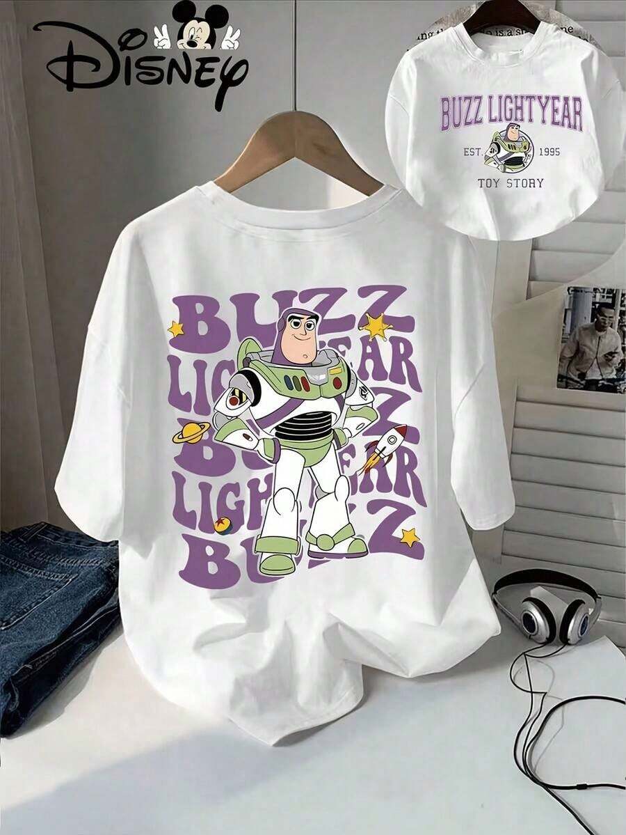 The Cartoon Pattern Of Buzz Lightyear Is Surrounded By Space Elements Such As Stars, Rockets, And Planets. Disney's New Summer Short Sleeved T-Shirt Top For Women's Casual And Fashionable Printed T-Shirt For Female Actors And Actresses, Disney Shirt, Disney Shirts, Summer Outfits For Women, Spring Outfits For Women, Officially Licensed Disney T-Shirts, Disney Men's And Women's Spring/Summer Fashion Casual Short-Sleeve T-Shirts--Disneys Disneyland Paris The Magic Kingdom Disneyesque B6Holiday Gifts Valentine's Day Gifts Earth Day Gifts Oktoberfest Gifts Summer Bank Holiday Gifts - trắng - Xem 1