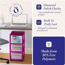 Drawer Tower 3-Tier Clear Plastic Storage Organizer Cart Purple Frame - Rolling Drawer Containers With Wheels For Bathroom Bedroom Office And Classroom Organization - 紫色 - 查看 5