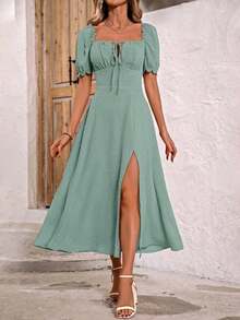 Vestido largo estilo A con abertura en el muslo, escote bote y estampado floral, vestido de vacaciones y playa para mujeres - Verde 2 - Ver 3