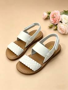 1 Pair 2026 White New Bohemian Fashion Children's Sandals, Summer Girls' Roman Woven Strap Beach Flat Sandals, White Roman Woven Criss-Cross Adjustable Design, Soft Non-Slip Wear-Resistant, Suitable For Summer Outings, Daily Wear, Banquets, Beach Parties, Weddings, Vacations, Girls' Sandals, Beach Sandals, Bohemian Style Sandals - White - View 4