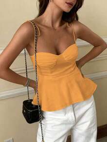1 pieza Blusa casual sin mangas con volantes en el bajo, Elegante top tubo minimalista francés de color blanco puro, Camiseta sin mangas ajustada para vacaciones y viajes, Ligera camiseta con lazo delantero, Ropa exterior sexy tipo babydoll que acentúa las curvas, Primavera/Verano/Otoño - Amarillo mostaza 22 - Ver 1