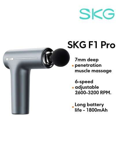  SKG F1 Pro 可充电按摩枪 | 6 档强度调节，4 个按摩头，便携式设计，全身适用，三重智能控制 - 具备智能压力监测、智能定时和动态变频功能，1800mAh 长效电池，可连续使用 240-300 分钟
