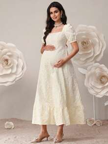 Vestido elegante de maternidad con cuello cuadrado, mangas abullonadas y estampado floral jacquard - Albaricoque - Ver 4