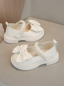1 par de zapatos planos de estilo princesa con decoración de lazo y acento de perlas para niñas, adecuados para la primavera - Beis - Ver 3