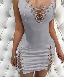 Vestidos para mujer 2025 nuevo verano Color sólido escote en V profundo Sexy ajustado ojal con cordones sin mangas Casual Mini vestido diario - Gris - Ver 6