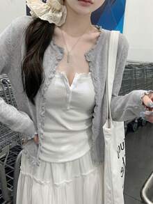 短袖开衫，轻薄镂空针织女式毛衣，休闲甜美风格，荷叶边装饰，春夏款 - 灰色 - 查看 2