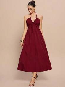 Vestido línea A con escote halter, cordones y espalda descubierta - Rojo 2 - Ver 7