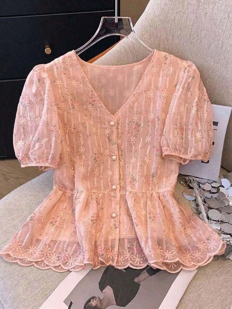 Blusa de mujer con escote en V bordada de estilo romántico francés de manga corta - Rosa Pálido - Ver 1