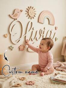 1pc Personalized Macaron Wooden Name Plate For Kids, Suitable For Children's Room, Nursery Decoration, Customizable Macaron Color, Wooden Children's Room Wall Decor, Back To School Gift - Beige - View 4