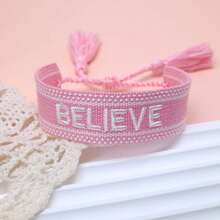 1pc Handmade Adjustable "BELIEVE" Embroidered Bracelet, Vintage Minimalist Style Inspirational Gift For Family And Friends - Baby Pink - View 4
