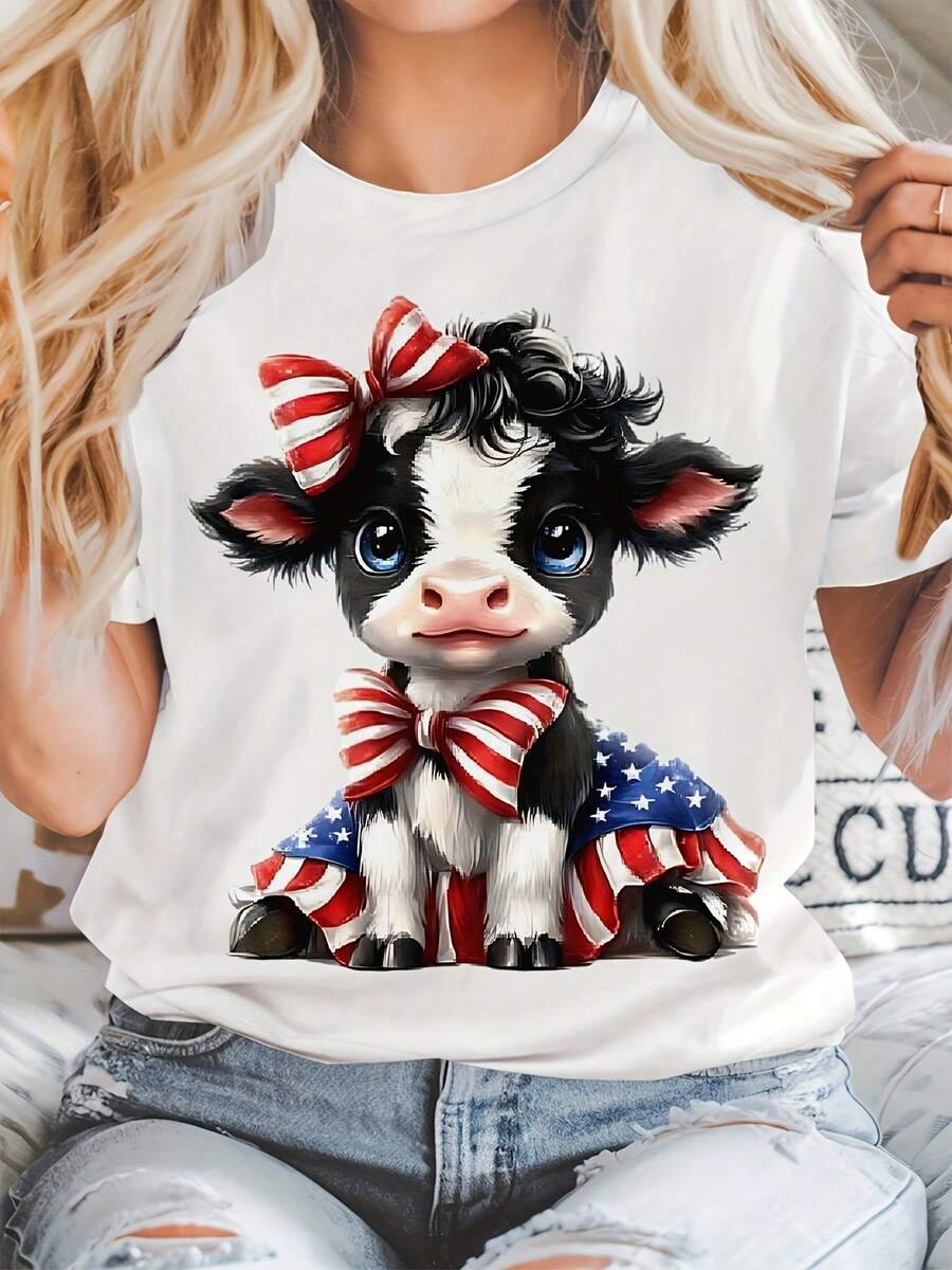 Camiseta de Mujer con Estampado Patriótico de Vaca, Cuello Redondo Casual con Diseño de Bandera Americana, Tela Suave, Corte Relajado para Verano y Primavera, Diseño Patriótico Brillante, Tallas S-XXXL, Diseño de Moda, Camiseta Transpirable de Manga Corta, Camiseta de Algodón para Familia Coordinada - Negro - Ver 1