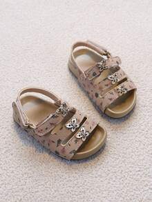 1 Pair Girls' Ditsy Floral Rhinestone Butterfly Ankle Strap Sandals, Soft Sole Non-Slip Toddler Summer Beach Shoes, Versatile For Babies And Little Kids - Brown - View 4