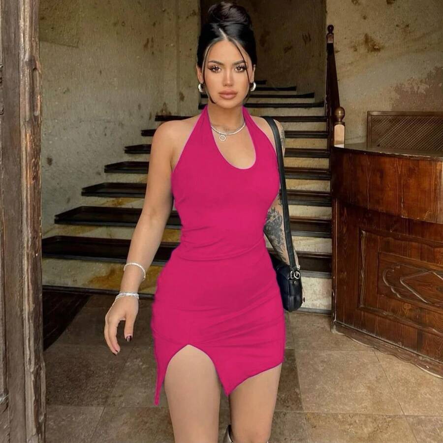 Vestido Halter sin mangas con espalda descubierta y abertura lateral, minivestidos montados en el cuello, ropa de calle de tubo de punto, ropa de verano 2024 para mujer Y2K 2406 - Rosa Roja - Ver 1