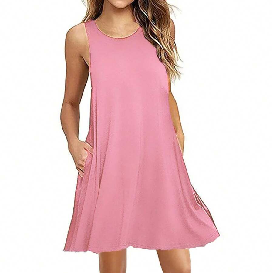 Vestido de camiseta informal de verano para mujer, vestidos de playa con bolsillos, vestido de camiseta holgado de talla grande - Rosa - Ver 1