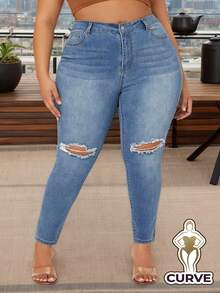 Pantalones Vaqueros Skinny para Mujer Talla Grande - Tejido Elástico, Efecto Lavado con Rayas de Gato y Rotos, Acentúa Curvas,​ Jeans ajustados elásticos con curvy - Azul - Ver 2