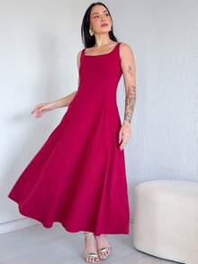 Long, Flared Dress, 100% Cotton, With Pocket And Slit. - 紅木色 - 查看 5