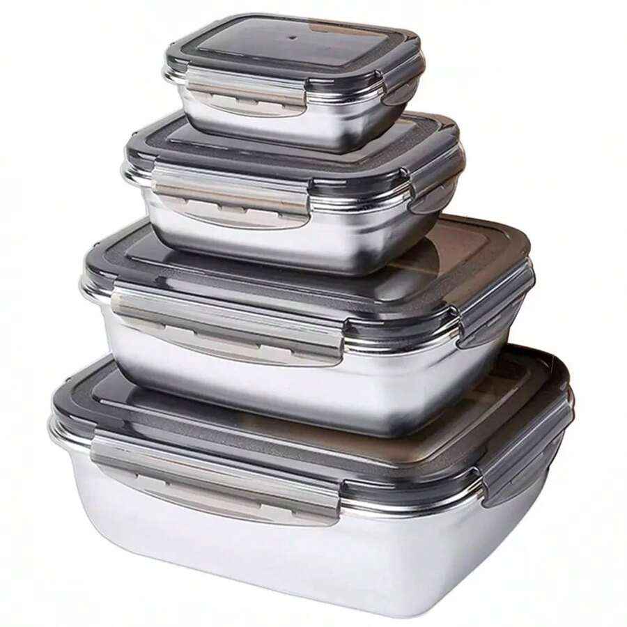 Set Of 4 Durable Stainless Steel 304 Food Containers With Sealed Lids - Black - View 1