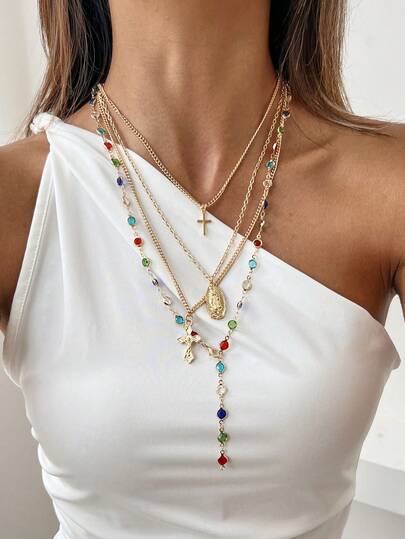 4pcs Set Silver-Plated Multi-Layer Rosary Necklace, Inlaid Colorful Crystal, Virgin Mary & Cross Pendant, Y2K Gothic Style Layered Chain, Women's Personalized Jewelry, Suitable For Daily And Holiday Wear